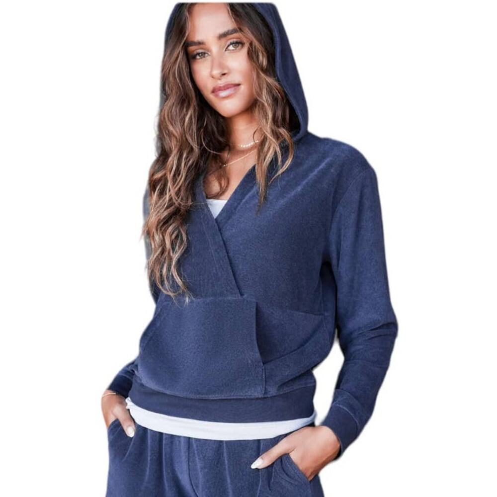 Barefoot Dreams NWT CozyTerry® Cross Over Hoodie Blue Size M *Thread Pull Flaws